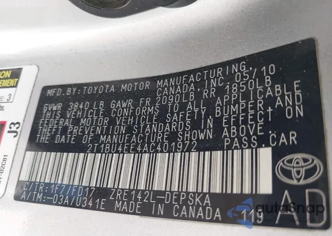 2010 Toyota Corolla S z USA, uszkodzony, nr VIN 2T1BU4EE4AC401972